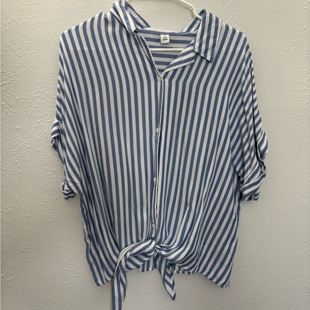 Dash Striped Blue and White Button Up Tie Front Top
